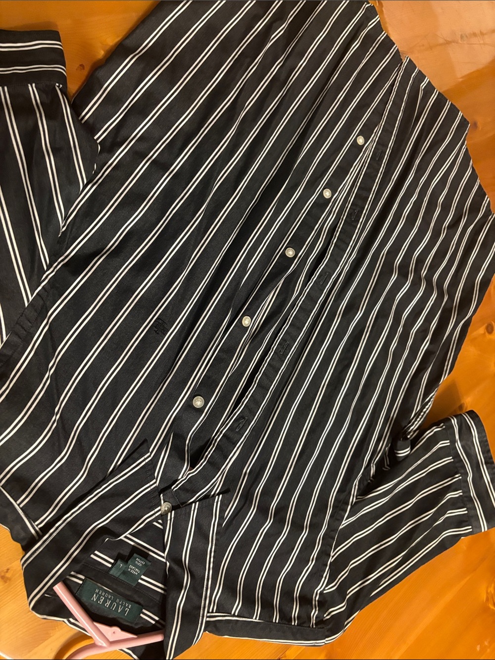 Lauren Ralph Lauren ~ Carbon Black Shirt White Pinstripes Button-Down Shirt